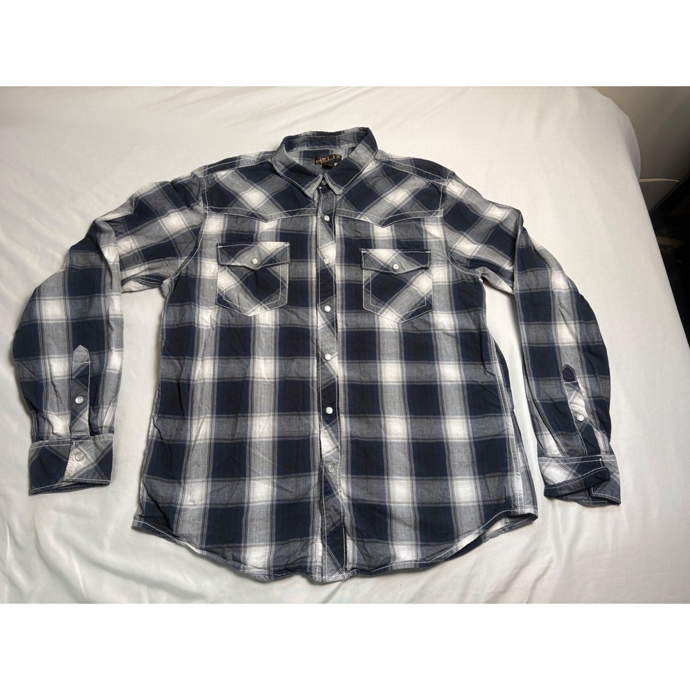 Helix Western Shirt Mens Large Blue Plaid Excellent Pearl Snap Cotton Flannel
